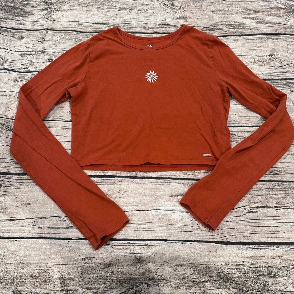 Hollister 90’s / Y2K Long Sleeved Cropped Top with Daisy Embroidery Size M